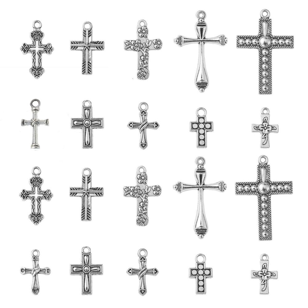 1935 50 Pcs 10 Styles Vintage Silver Cross Alloy Charms Antique Jesus Cross